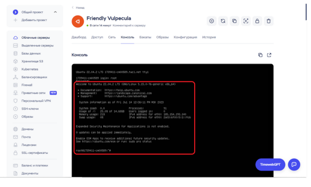 Консоль vps сервера
