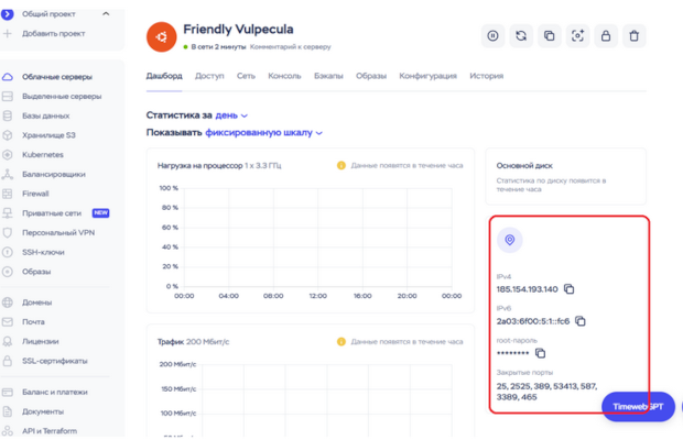 Дашборд виртуального сервера