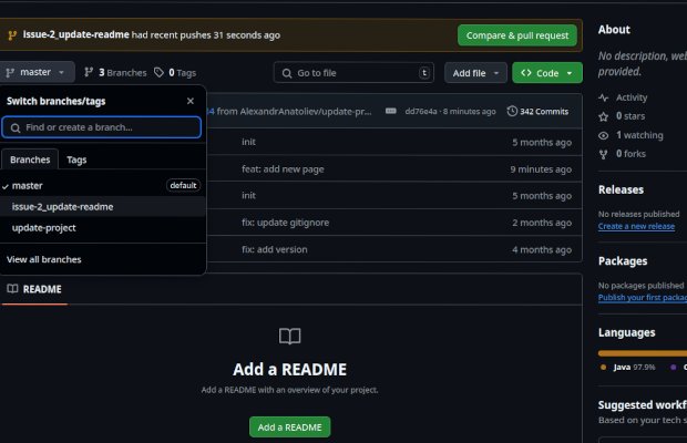 Пример использования git: появилась новая ветка