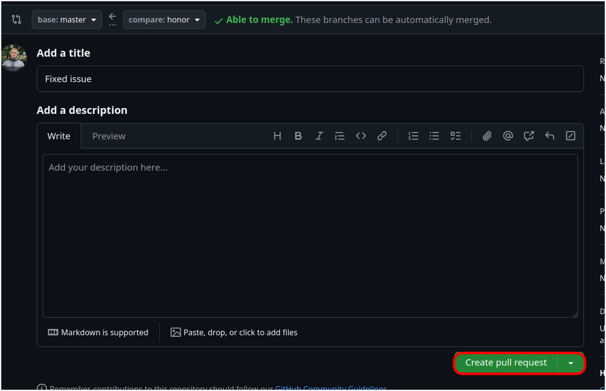 Кнопка Create pull request